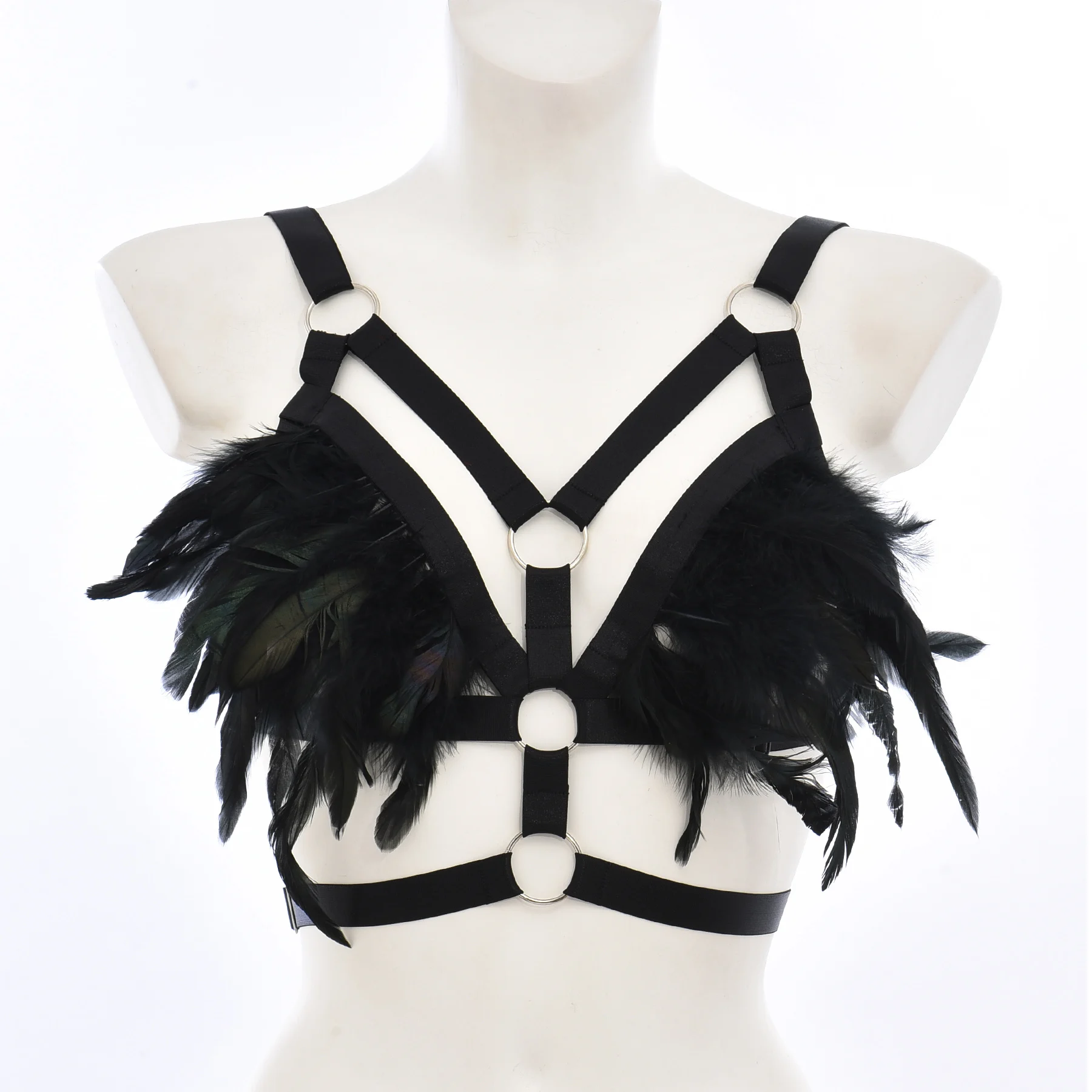 

Feather Rave Wear Body Harness Bra Sexy Body Cage Elastic Belt Adjustable Crop Top Punk Goth Bondage Harness Body Cage