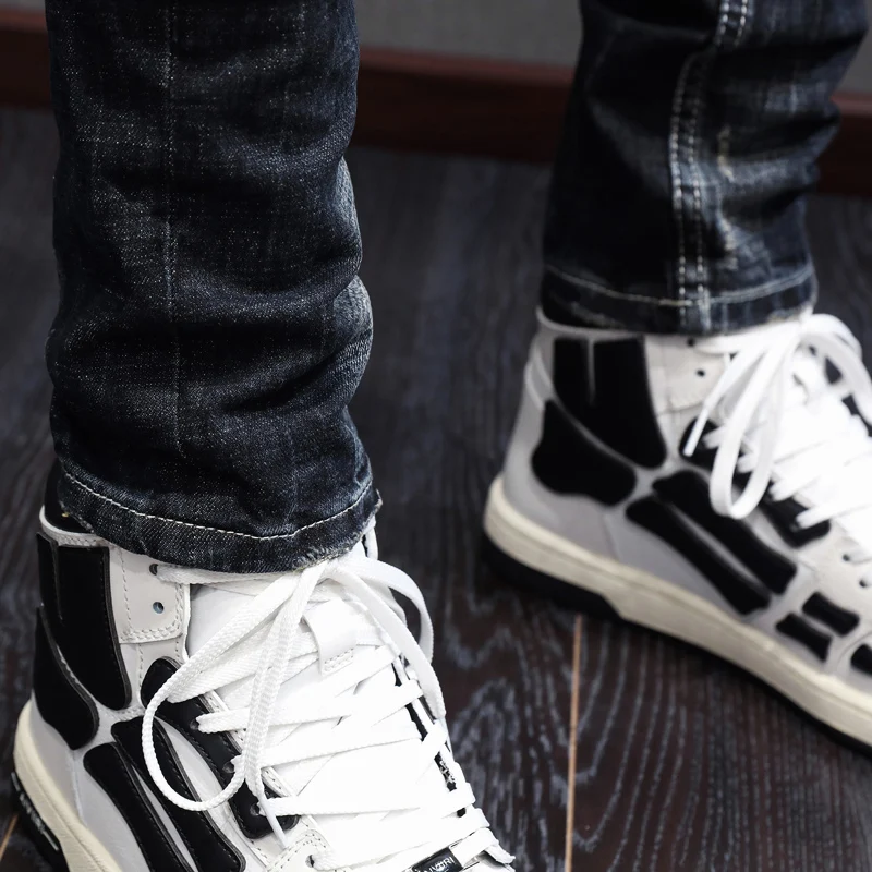 Street Fashion Men Jeans Retro Black Gray Elastic Slim Ripped Jeans Men Vintage Trousers Patches Designer Hip Hop Pants Hombre