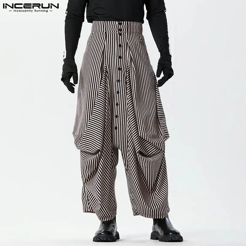 

2024 Men's Striped Pants Button Joggers Loose Fashion Drop-Crotch Trousers Men Streetwear Casual Irregular Pants S-5XL INCERUN