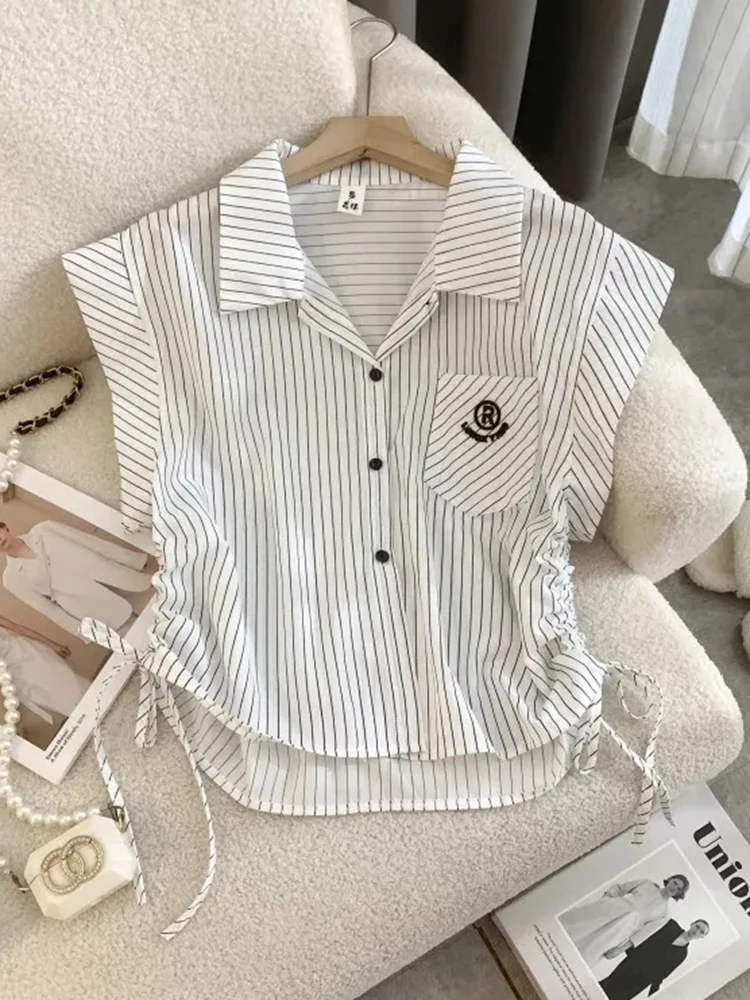 Jmprs Striped Letter Shirt Women Vintage Preppy Style Cute Flying Sleeve Blouse Summer Casual Loose Korean Shirring Female Tops