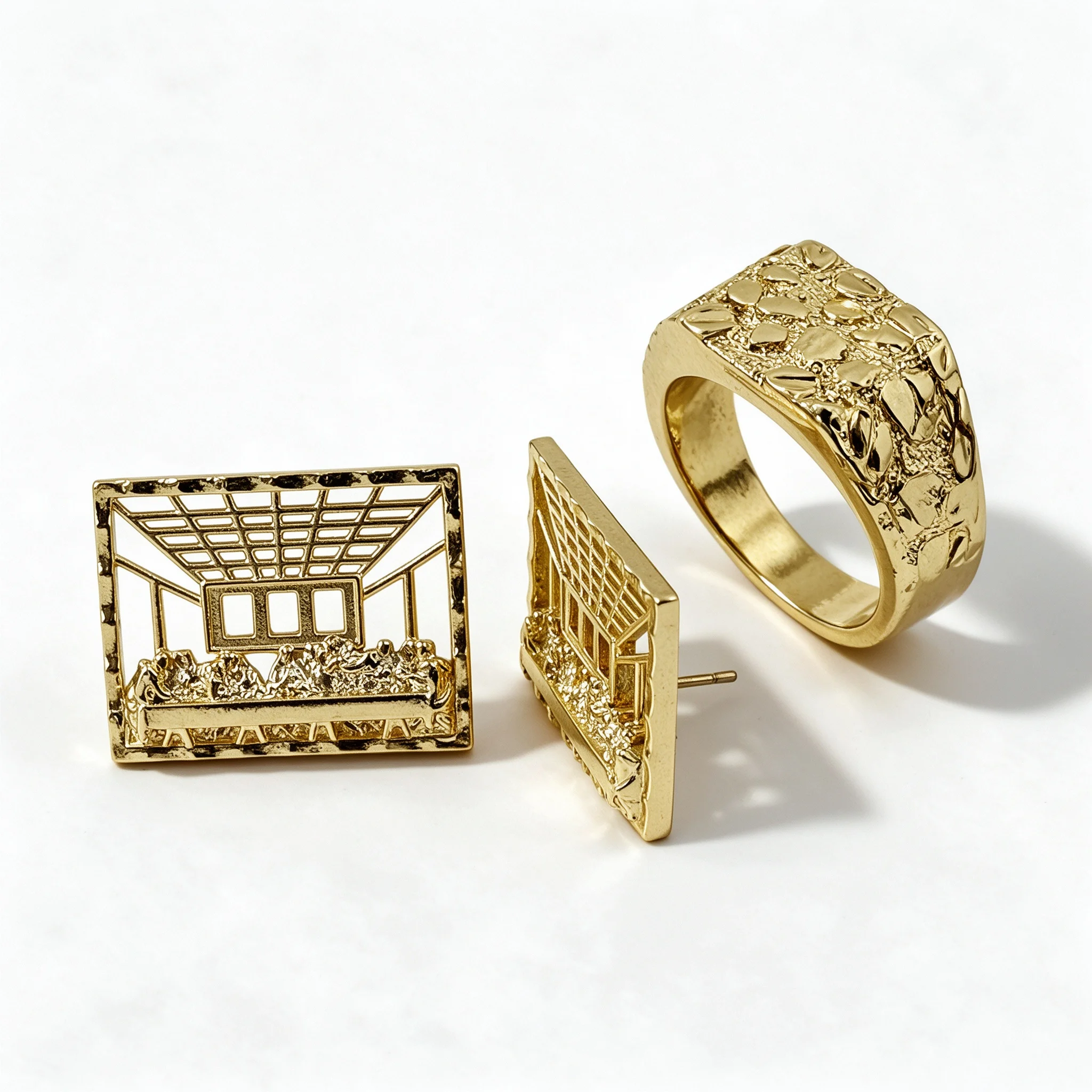 21mm Big Size Last Supper Square Nugget Stud Earrings And Ring Set for Men And Women Textured Rough Hip Hop Rap Design Jewelry