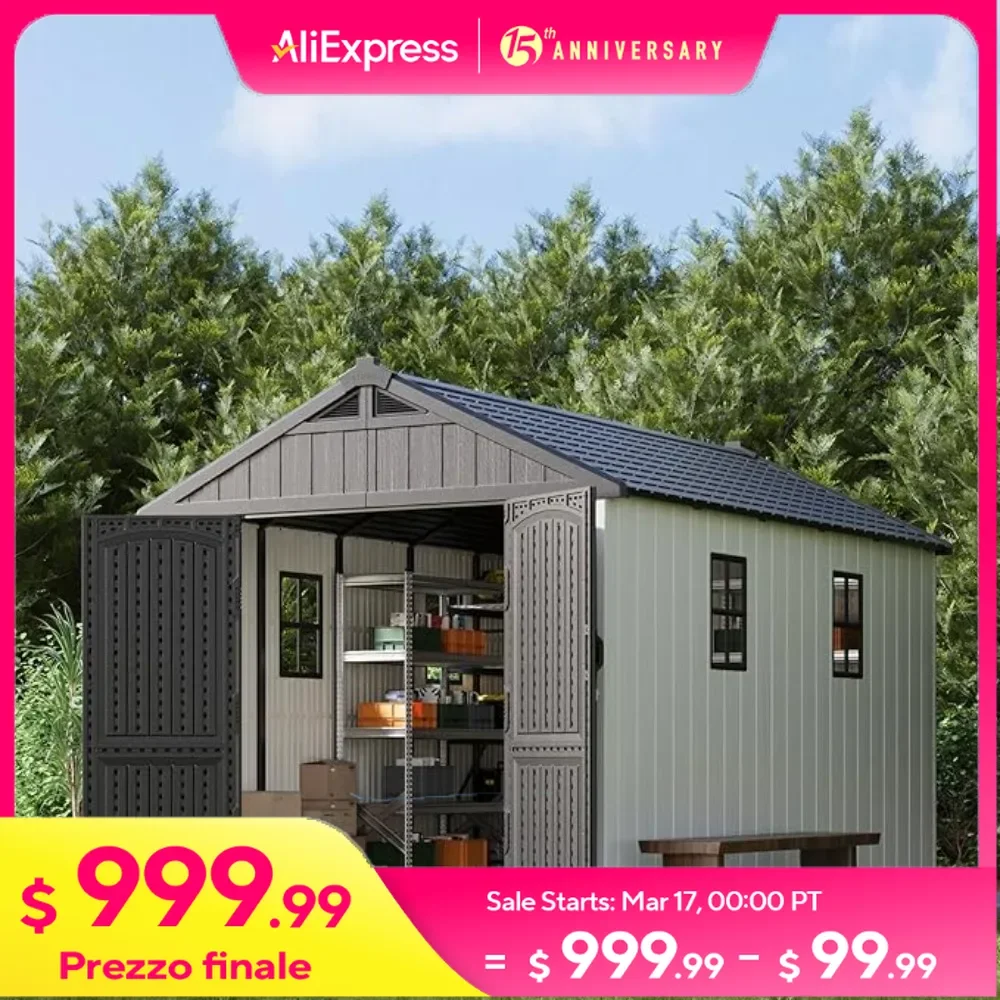 8x12 FT Outdoor Storage Shed with Floor & Window & Lockable Door, Patio Furniture, Backyard Tools & Bicycles, Resin Garden Shed