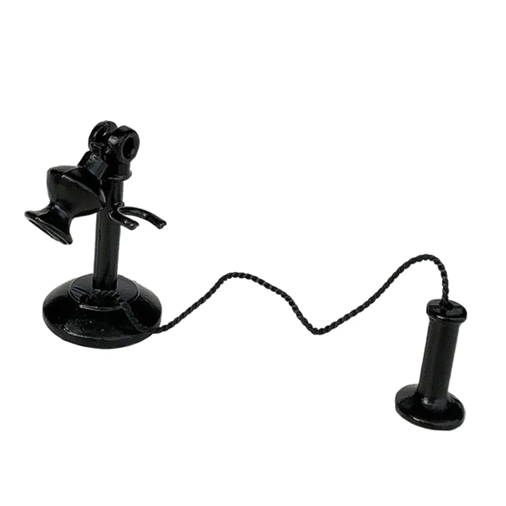 1 قطعة الهاتف خمر الأسود الرجعية الحديد مصغرة خط أرضي الهاتف ديكور لدمية المنزل مكتب دراسة ملحقات للتزيين #1