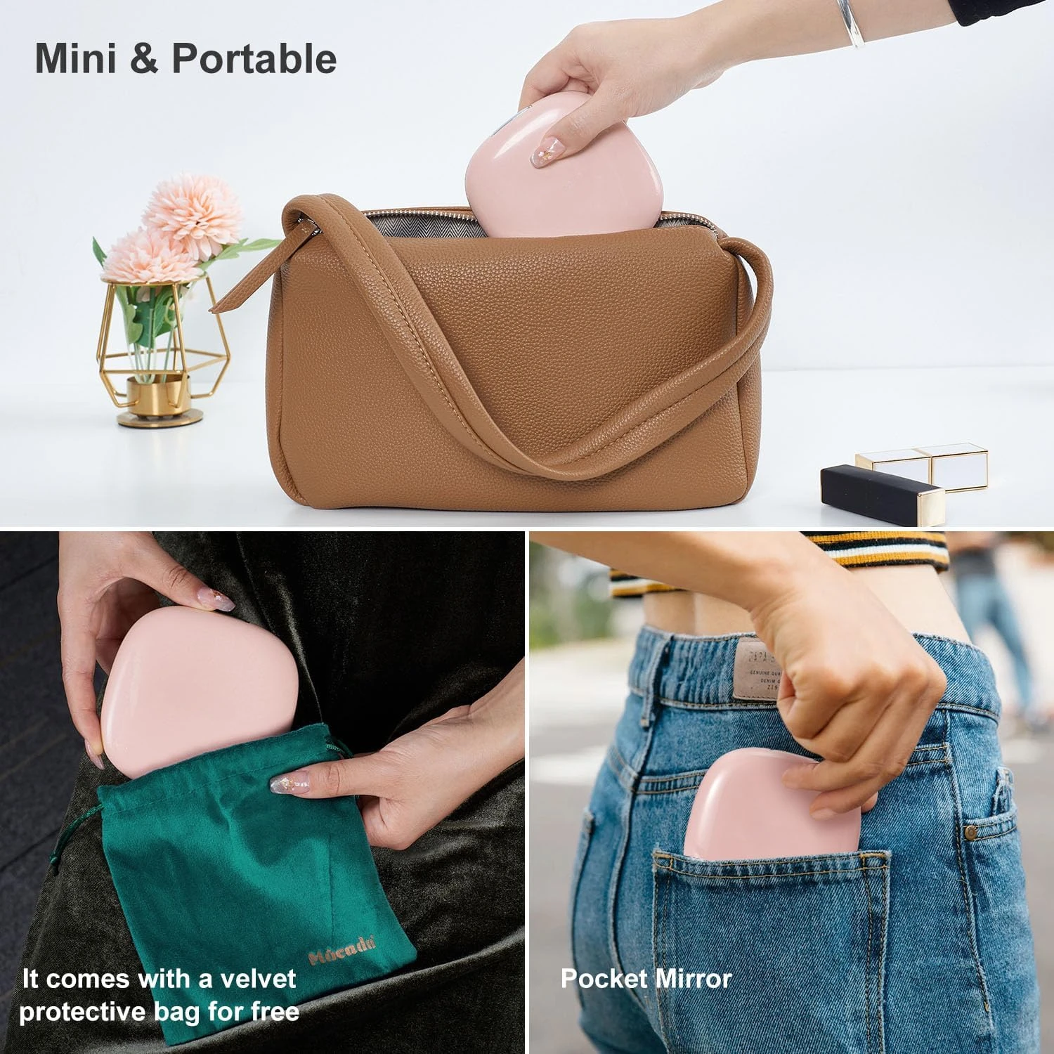 Compact LED Magnifying Travel Makeup Mirror 1X/10X Small Hand Pocket Dimmable 2-Sided USB Rechargeable Touch Screen Portable