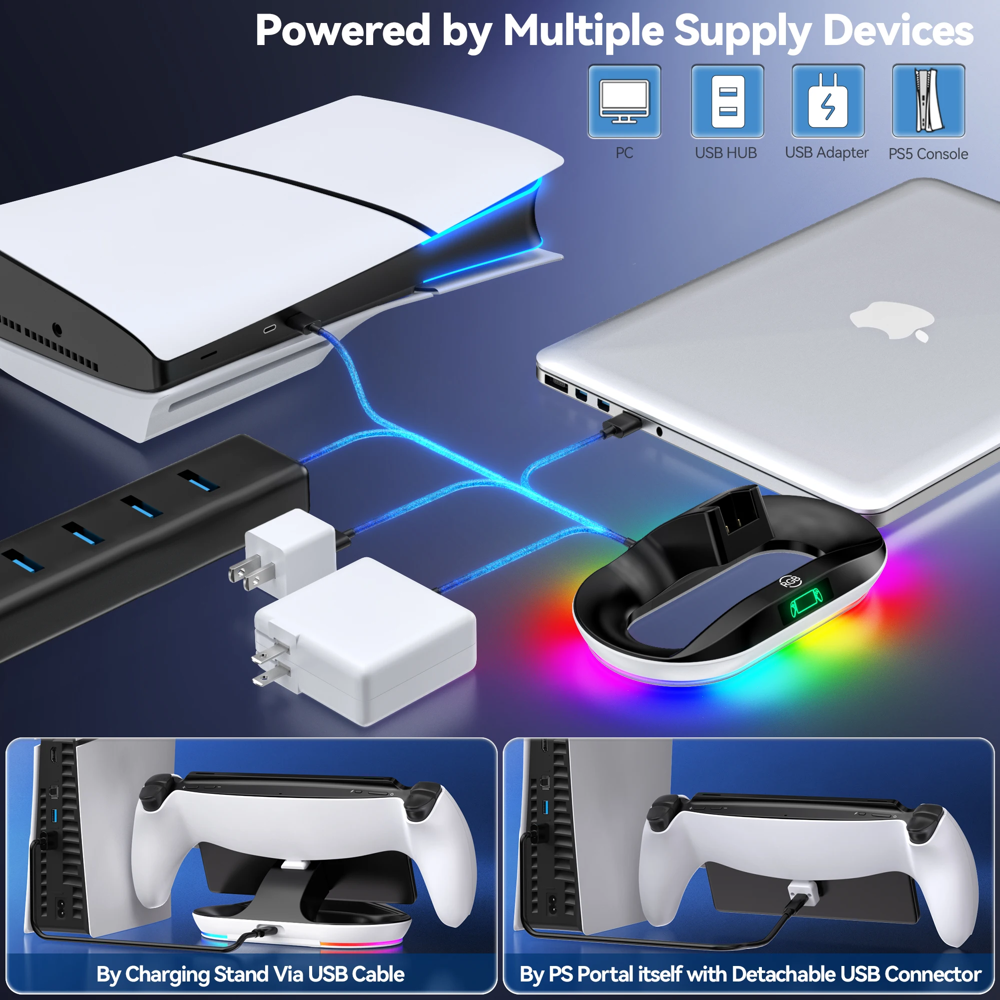 محطة شحن لبوابة بلاي ستيشن ، حامل شاحن لبوابة PS مع 9 ضوء RGB ، حامل حامل حامل محمول لبوابة PS