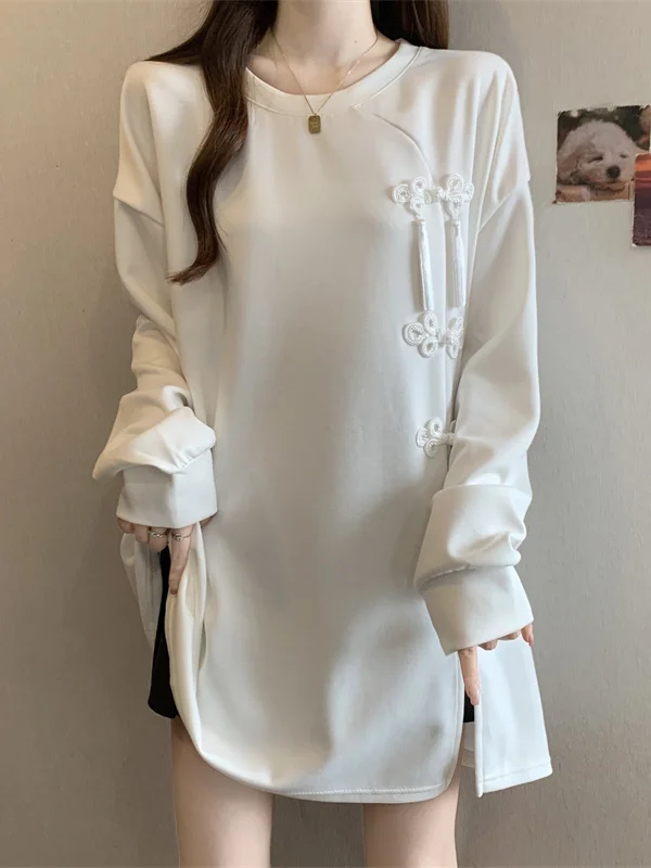

New Chinese Sle White Long Sve Dstring Hoodie Women's plus Size Mid-Length Top Button-Up Spring Faion Ladies' Sweat...
