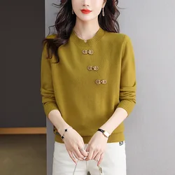 Vintage Chinese Style Autumn/Winter Pullovers Sweaters Women's O-Neck Frog Screw Thread Fashion Loose Long Sleeve Knitted Tops