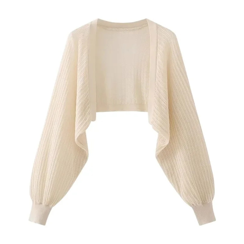 Open Front Pointelle Knitted Cardigan Women Bolero Crop Top Spring Summer Lightweight Blouse Cover Up Openwork Shawl Outfit view 4