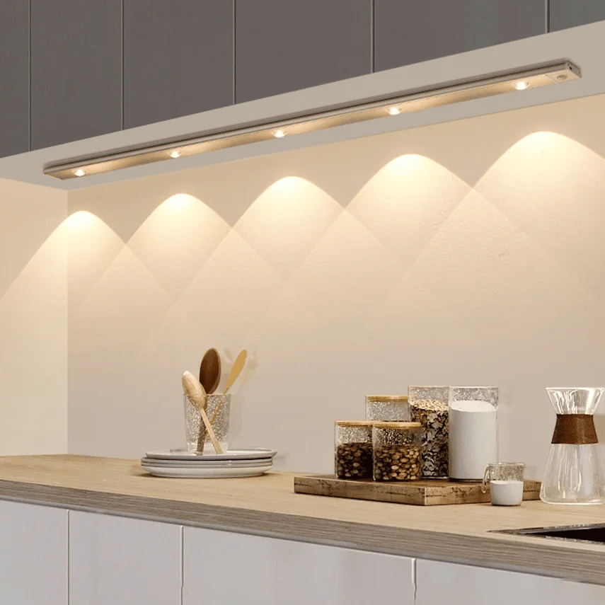 

LED Kitchen Under Cabinet Light Tricolor Rechargeable Motion Sensor for Closet Wardrobe Decor Lamp 20/30/40/50cm Night Light