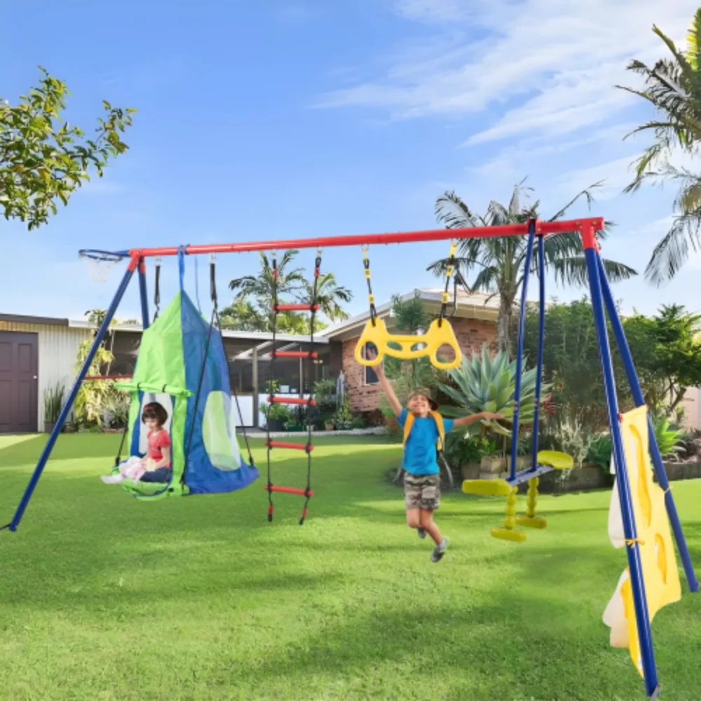 

6in1 Swing Sets for Backyard,with Climbing Ladder and Basketball Hoop,Padded Saucer Swing with Soccer Net and Two Facing Swings
