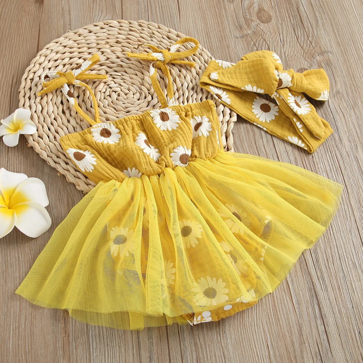 2PC summer baby girl full print yellow small chrysanthemum halter mesh halter dress plus headband