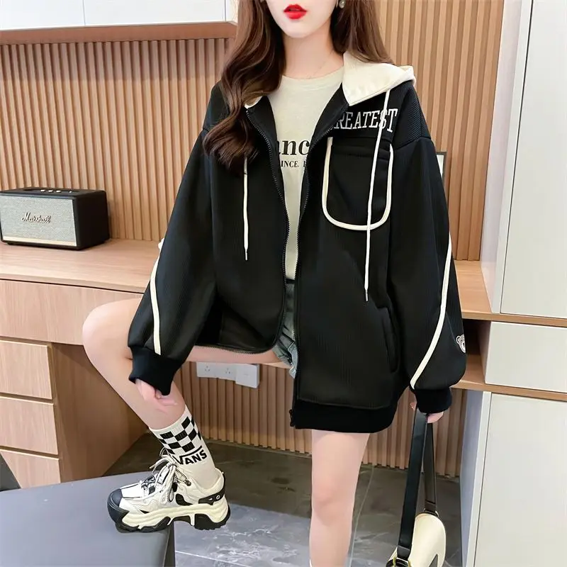 Fashion Pockets Letter Embroidery Hooded Sweatshirts Female Clothing 2024 Autumn Winter New Loose Casual Tops Korean Sweatshirts