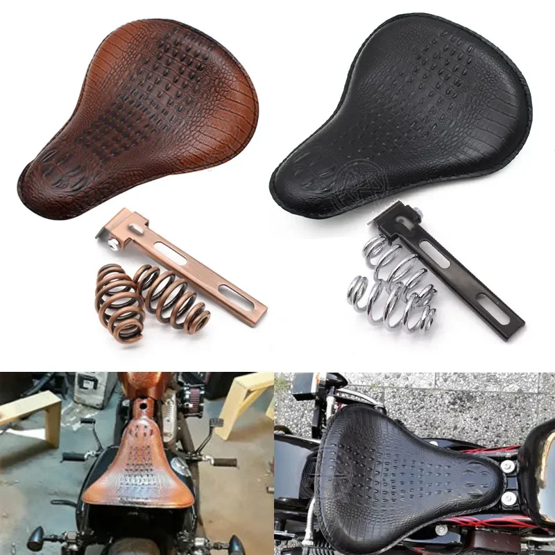 Motorcycle Crocodile Leather Cushion Spring Solo Seat Fit for Harley Sportster Honda Rebel 250 300 500 Refit Bobber Black/Brown