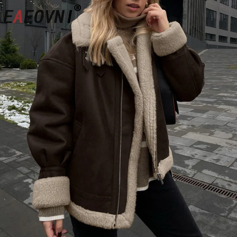 

EAEOVNI винтажная зимняя куртка в стиле Майяра, женская замшевая куртка из меха ягненка на молнии, теплое модное пальто, верхняя одежда, новинка 2023 года, одежда