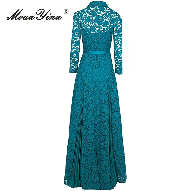 MoaaYina Autumn Fashion Designer Peacock Blue Vintage Dress Women Lapel Single Breasted Frenulum Gathered Waist Lace Long Dress