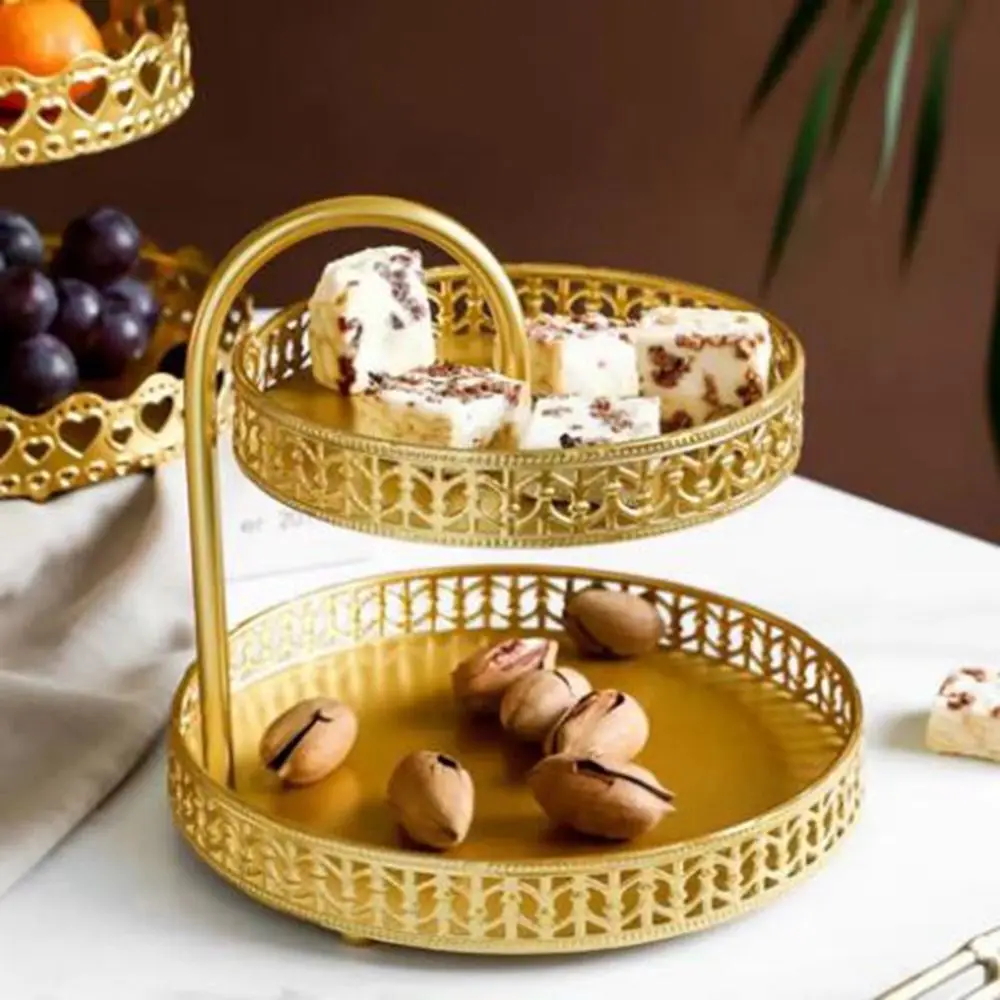 Retro Wrought Iron Nordic Pastry Tray Gold Large Capacity Fruit Serving Tray Hollow Out Decorative 2 Tier Fruit Tray Desktop