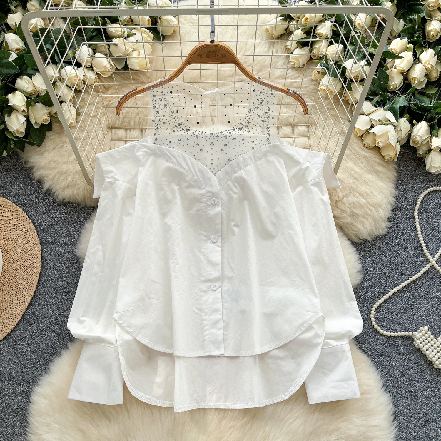 

Vintage Elegant halter solid button long sleeve Blouse Fashion Shirt Casual Top Fairy Women Shirt