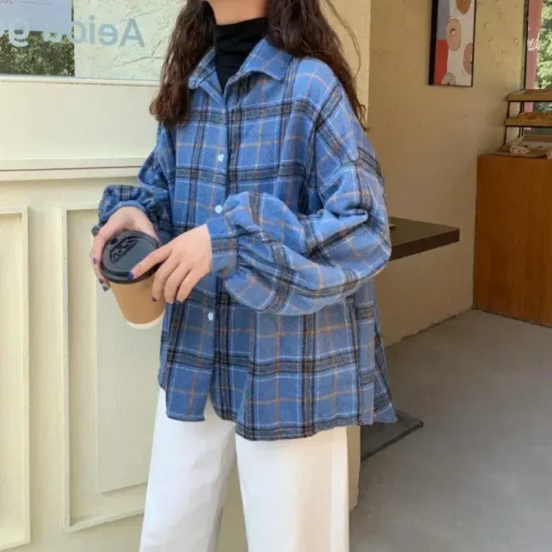 Pink Plaid Shirts Women Kawaii Girls Autumn Y2k Long Sleeve Shirt Classic Retro All-match Fashion Students Loose Chic Streetwear