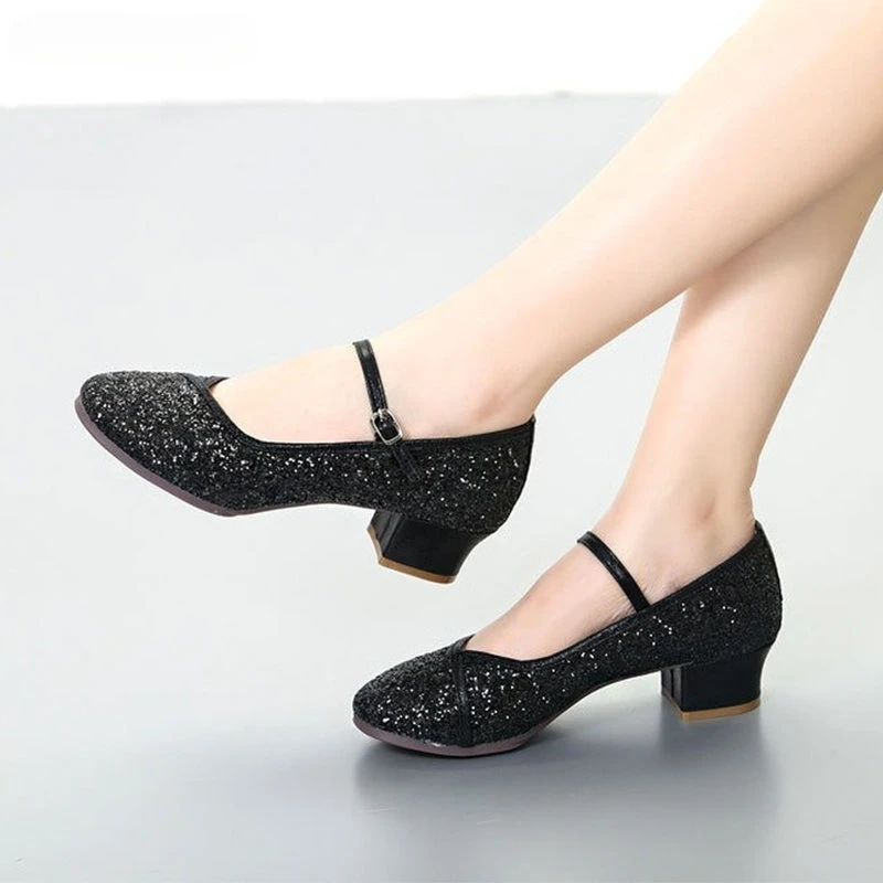 Chaussures de danse latine professionnelles à paillettes pour femmes, talons bas, Parker fermé, salsa, tango, salle de Rh, chaussures de danse standard