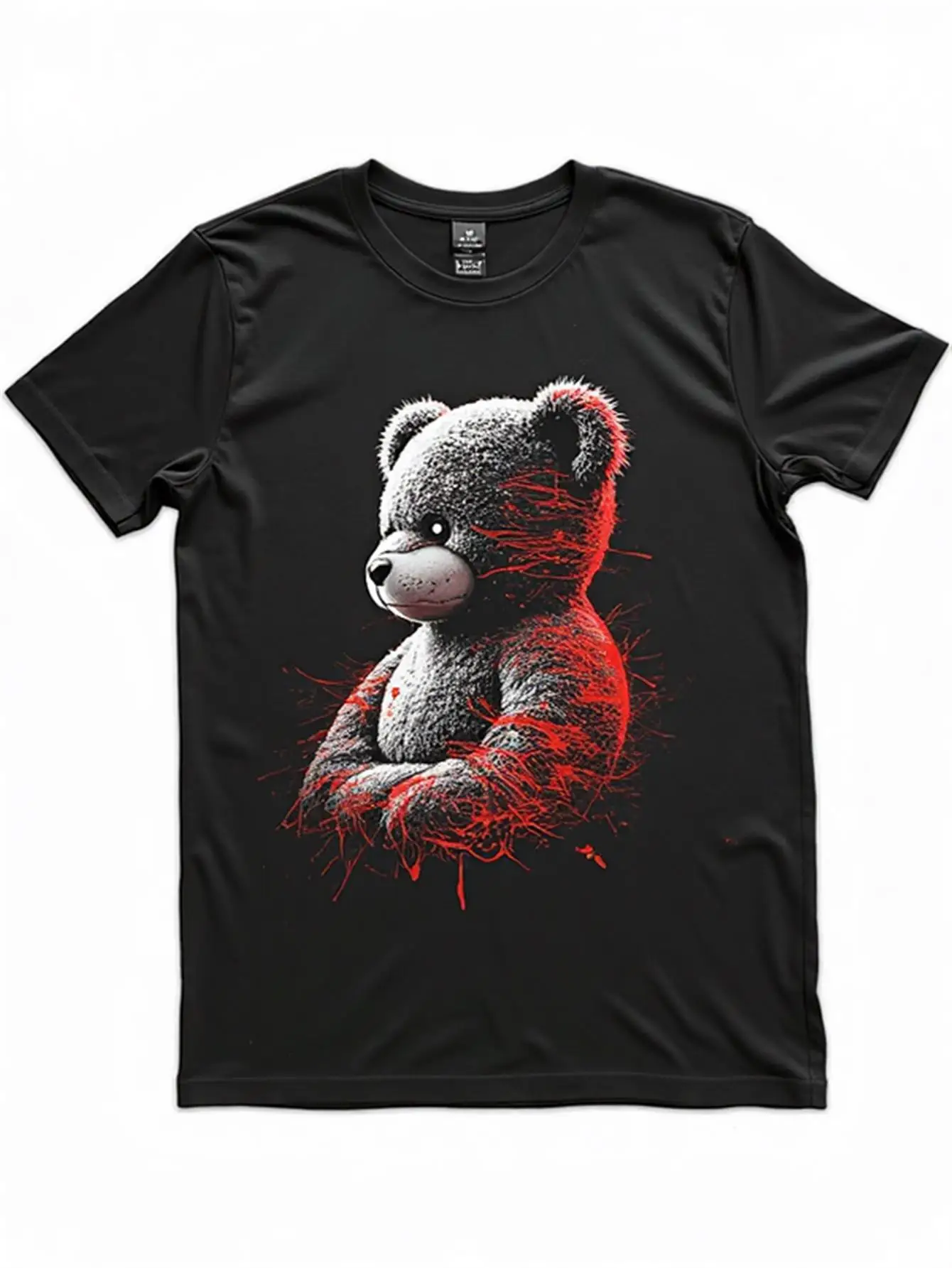 

Men's Black Casual T-Shirt with Graffiti White Teddy Bear and Red Drip Pattern, 100% Cotton, Loose Fit, Short Sleeve, Crew Neck Top, Bold Street Style with White-Faced Teddy Bear and Red Dot Design, Machine Washable, Ideal for Everyday Wear