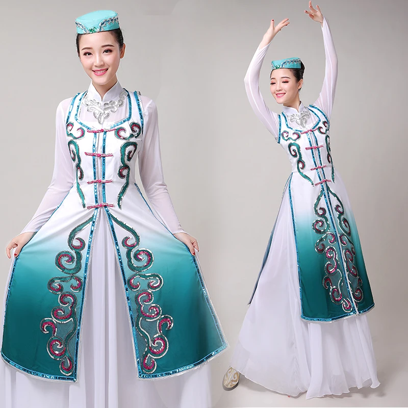 Woman Chinese National Dance Dress Mongolian Dance Costume Lady Vintage Tibetan Stage Performance Clothing Hmong Minority Dress