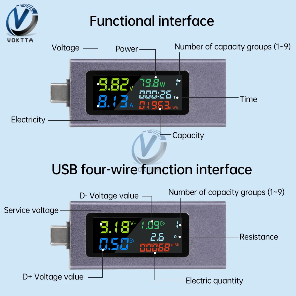 USB Type-C Tester Digital Voltmeter Amperimetro Voltage Current Meter Power Bank Charger Capacity Test Indicator DC 4.5-50V 0-8A