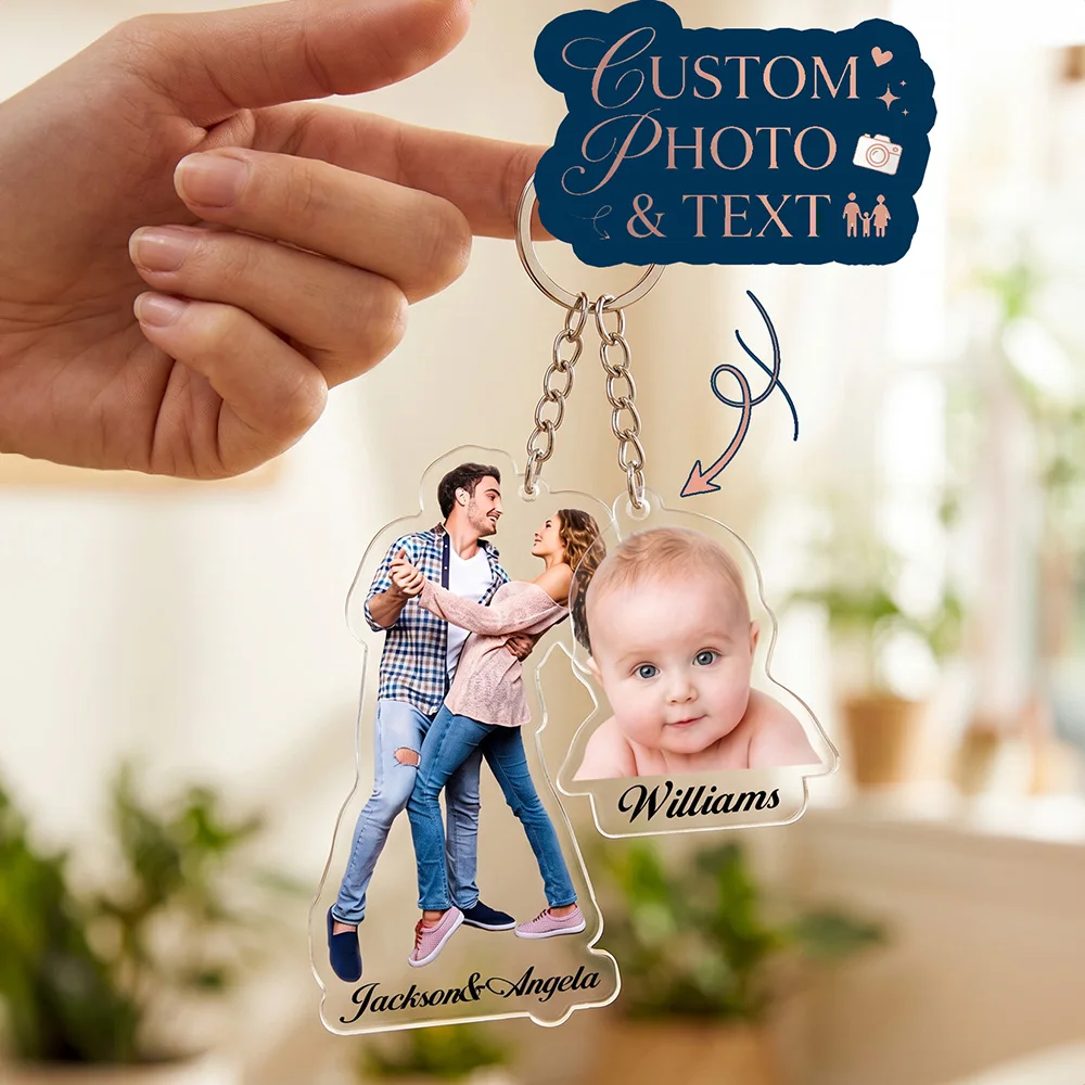 Custom Die Cut Acrylic Photo Key Chain | Personalized Portrait Image Name Text | Family Couple Memorial Pocket Charm