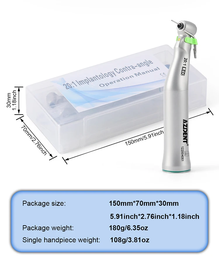 AZDENT Dental 20:1 Implantat-Winkelstück mit LED und E-Generator, Niedrigdrehzahl-Handstück für Zahnmedizin, Druckknopf-Instrument für Zahnärzte – Detail 7