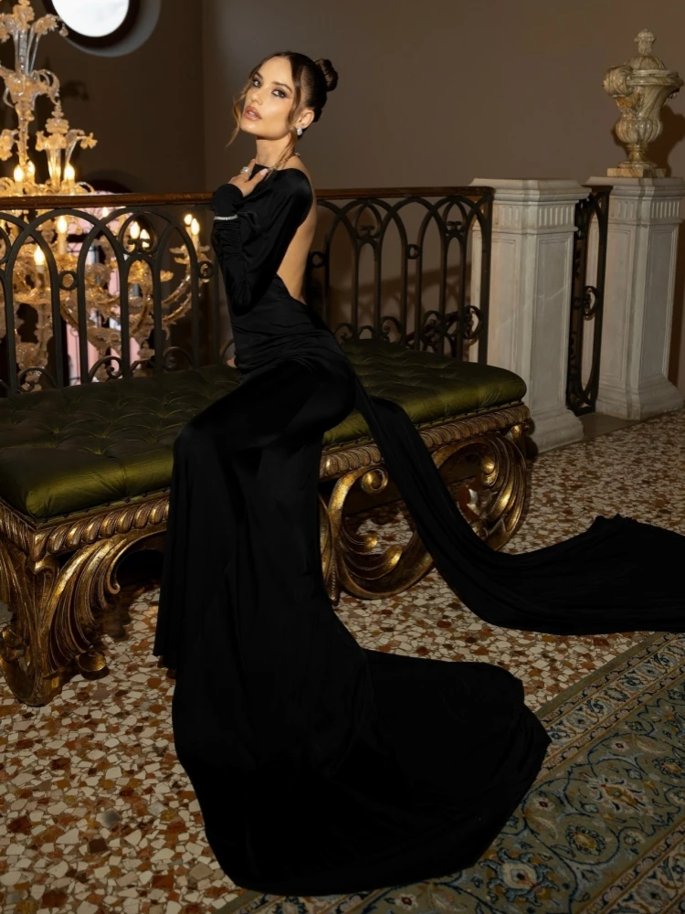 Abito lungo sexy con scollo a O, pieghe senza schienale, design drappeggiato, abito lungo da donna, maniche lunghe nere, abiti slim increspati, abiti da cocktail per feste da sera