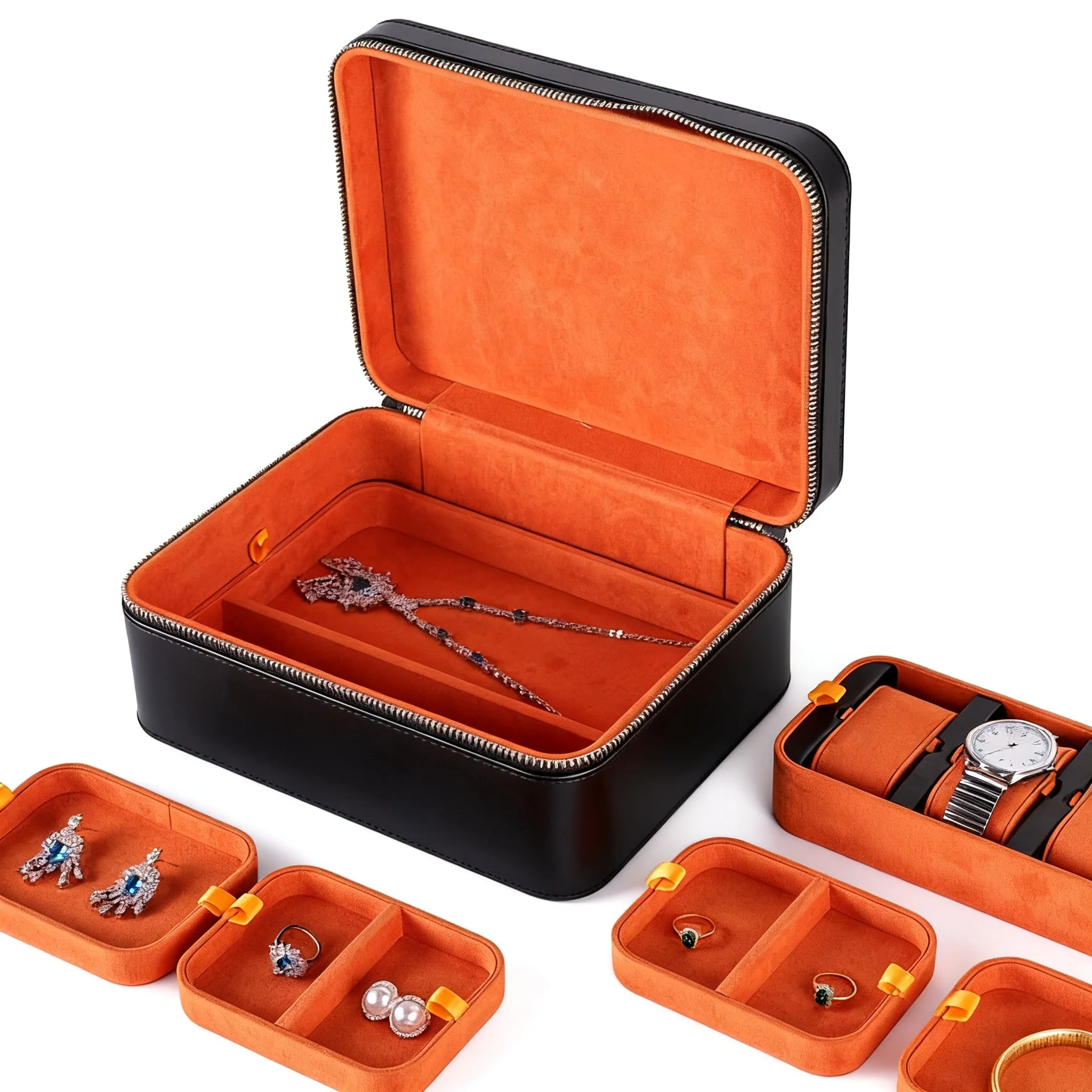 Multifunctional zipper compartment watch bracelet jewelry box portable PU leather storage box travel watch bag