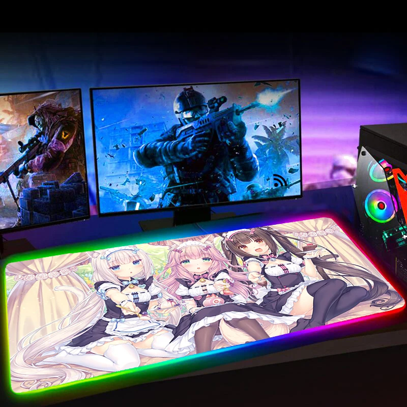 

RGB Chocola Nekopara Japan Anime Girl Desk Mat Mouse Pad PC Gaming Mause Pad Mousepad Keyboard Mat No-slip with Backlit Mausepad