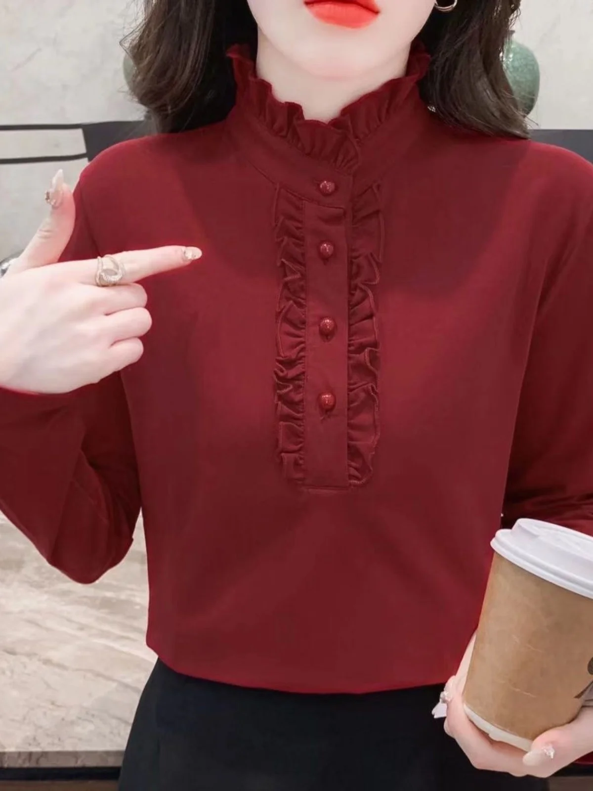 Slimming Long Sleeve High Collar Velvet Women's Base Shirt Fashionable Autumn Winter Mom T-Shirt Commute Style  Color