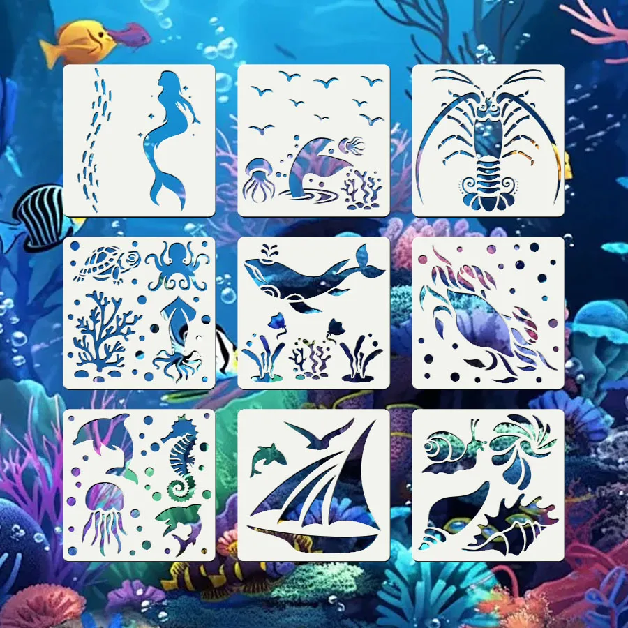 9PCS 5.1inch Sea Animal Stencils Set for Painting – Reusable Ocean Theme Drawing Templates for Wall Wood Fabric Decor