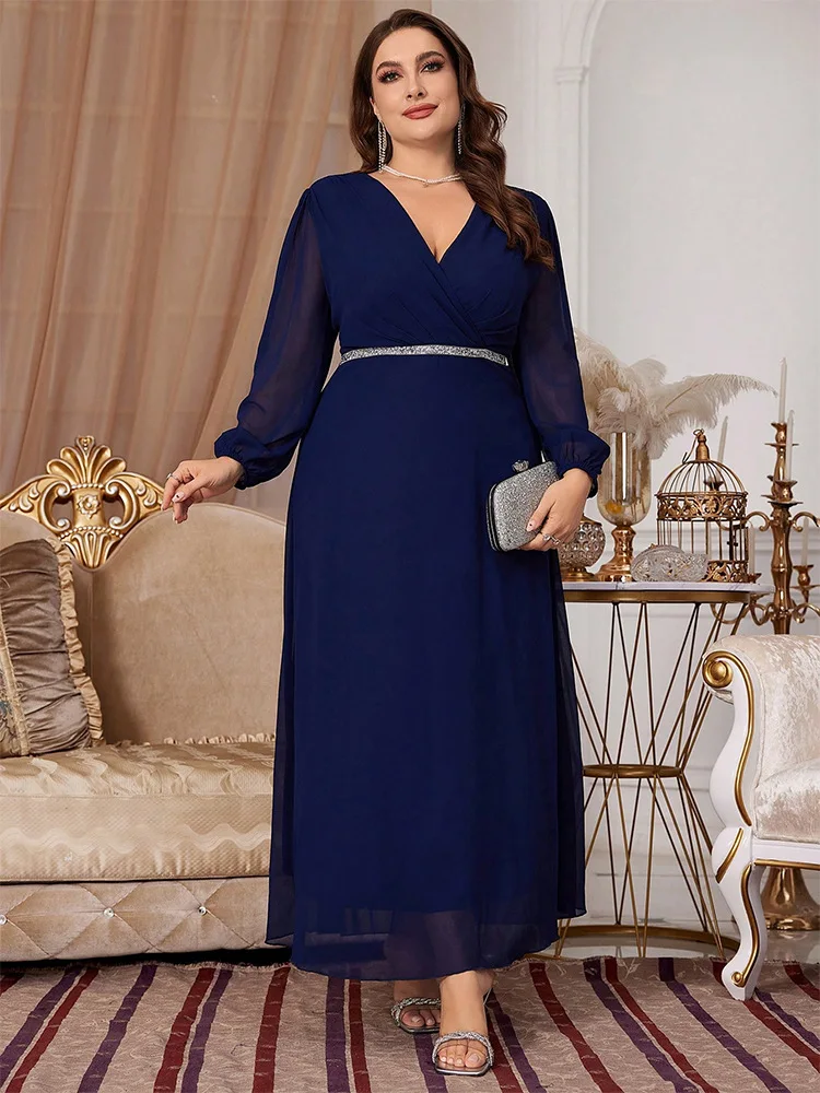 Plus Size Elegant Blue Drilling V-Neck Evening Dress For Women Long Sleeve Party Maxi Prom A-line Cocktail Dress Vestidos 2024