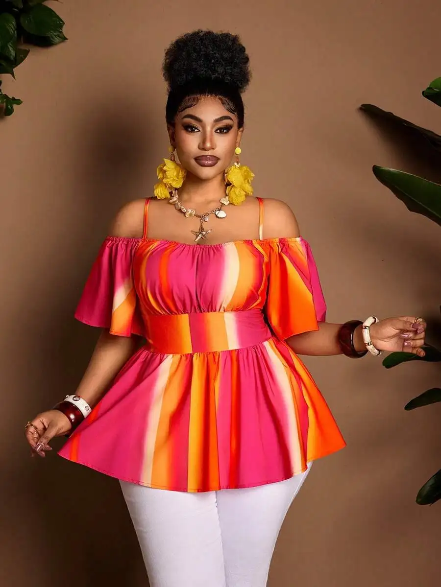 

Plus Size Off Shoulder Striped Peplum Top For Beach Holiday Summer