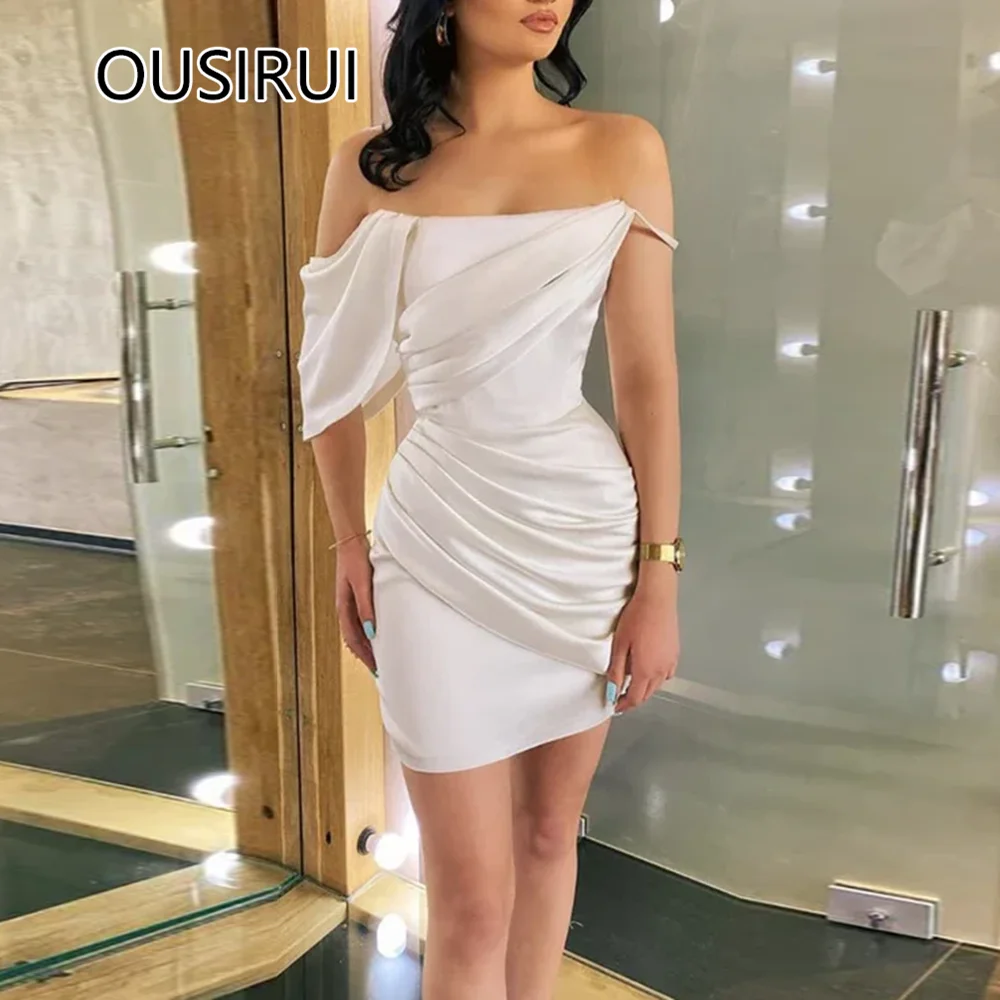 OUSIRUI vestidos de festa Off-Shoulder Satin Solid Pleated Short Mini Evening Prom Dress Backless Sheath Women Prom Club Gown