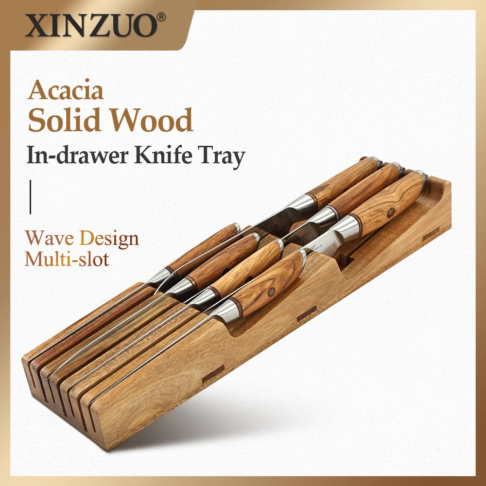 

XINZUO New Arrival Acacia Solid Wood Double Layer Storage Kitchen Knife Holder 7 Slots Organise Knives Neatly Kitchen Goodies