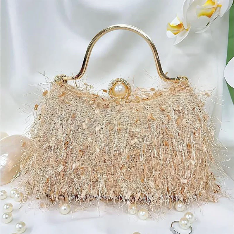 Tassel Evening Party Women Handbags Nylon Luxury Wedding Feather Female Clutch Elegant Feather Shoulder Crossbody Bag Green Bags