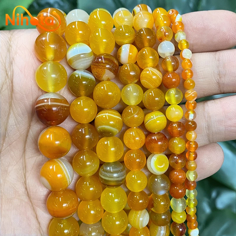 

Natural Beads Orange Stripe Onyx Agates Round Beads 4/6/8/10/12/14mm Charms for Bracelet Making Jewelry DIY Earrings 15" Strand