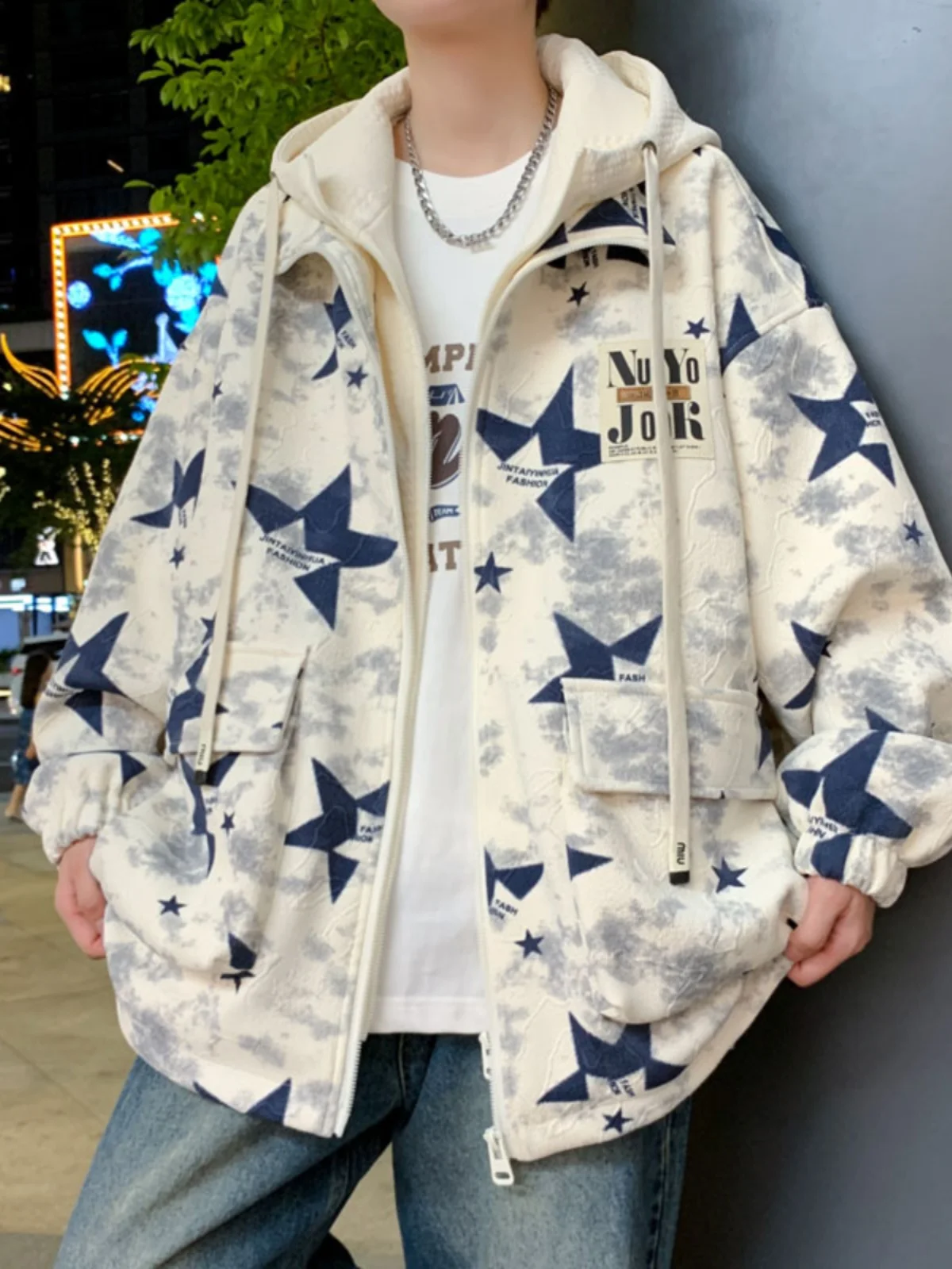 

Мужская куртка-худи на весну-осень с эффектом двухслойности и принтом тай-дай, модная брендовая молодежная осенняя одежда для подростков