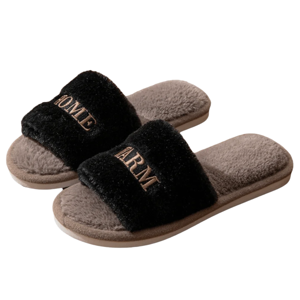 

Elegant Soft Casual Fluffy Slippers Warm Letter Women Home Flats Anti Slip Thick Sole Home Cotton Shoes Indoor
