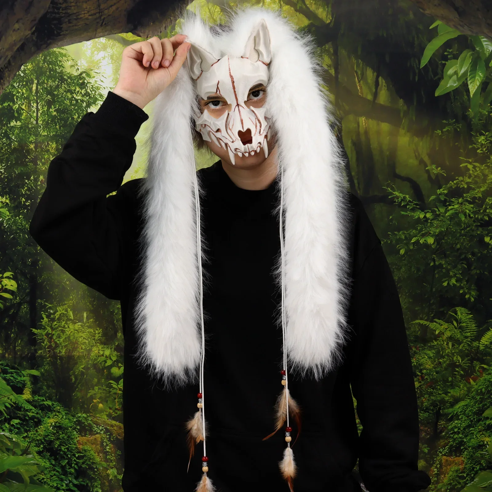 

Long Haired Werewolf Mask Halloween Japanese Samurai Viking Fox Mask Cosplay Role Playing Horror Masks Costumes Headwear