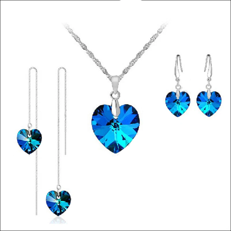 Jewely Sets  Blue Austrian Crystal Pure  Genuine  925 Sterling Silver  Ocean Sea Heart Necklace Earring Ear Thread