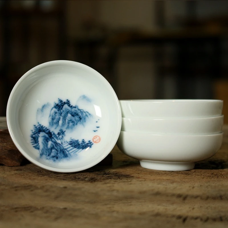 

Blue and White Porcelain Tea Cups Set - Hand-Painted Landscape 4-Piece 40ml, Gongfu Chinese Tea Tasting Cups, Fine China