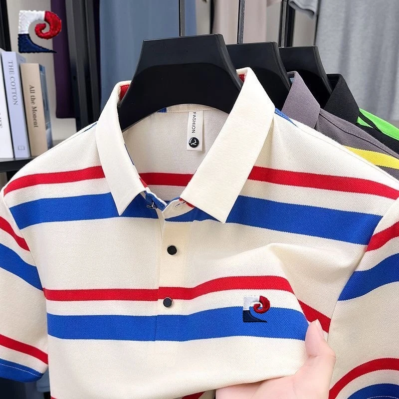 New Men's High-Quality Striped Short-Sleeved Polo Shirt, Summer Fashion, Casual, Breathable, Silky and Cool T-Shirt Top