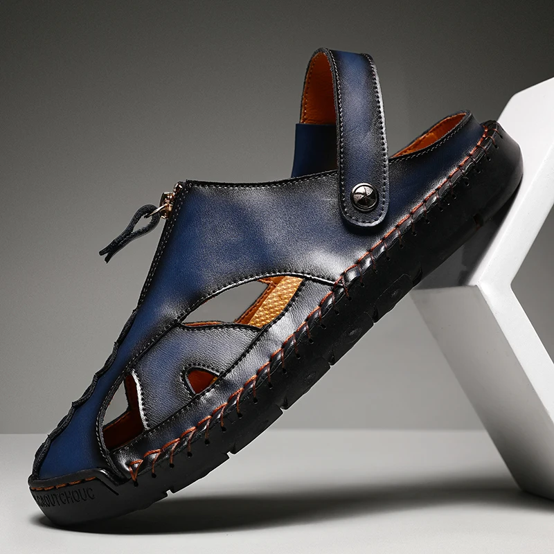 

2025 summer two-wear genuine leather hand-stitched beach sports large-size beach sandals toe men's slippers