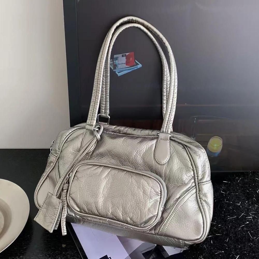 Retro Multiple Pockets Shoulder Bag Soft Ruched Tote Bags for Women Washed PU Leather Handbags High Quality Crossbody Bag NEW