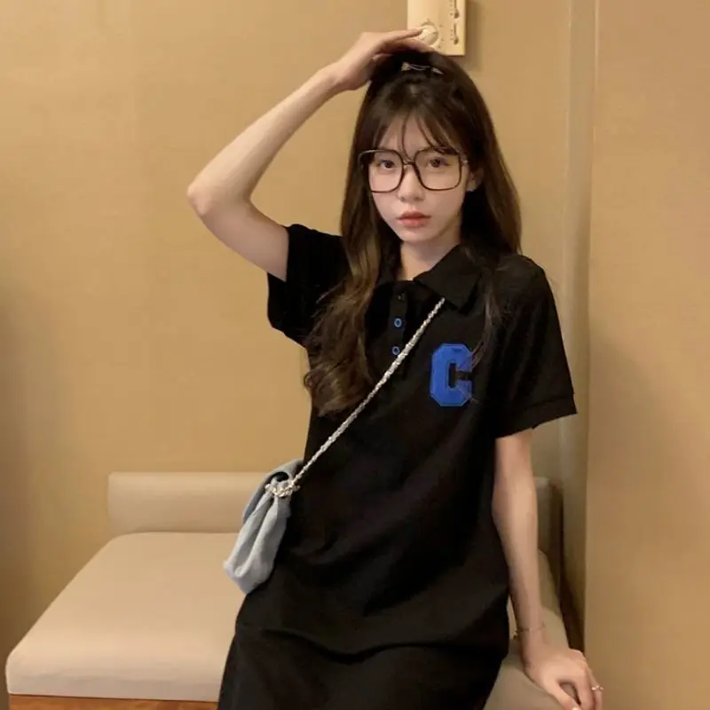 T-shirt col décontracté Dr femmes ort Sve minceur longueur Midi coréen Sle été nouveau collège Faion Dr