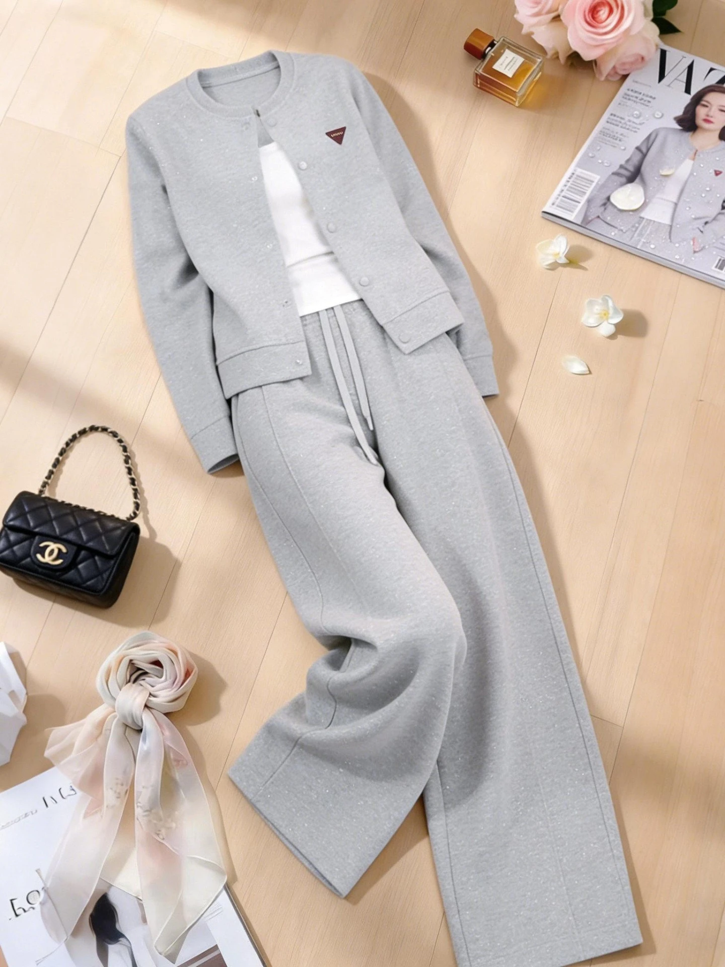 

Casual Sporty Women's Two-Piece Set Spring 2026 Slimming Baseball Outfit Open Cardigan Jacket Wide Leg Pants Fashionable