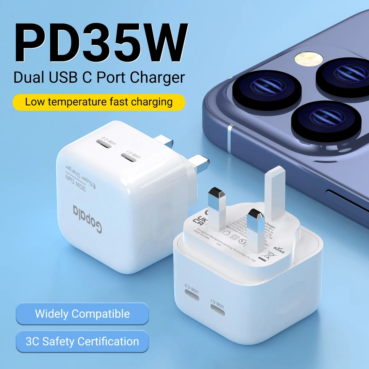 

Dual Type-C 35W Fast Charger UK Standard Power Adapter With Intelligent Temperature Control For IPhone IPad/Samsung and More